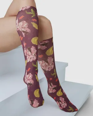 SWEDISH STOCKINGS - HELEN BULLOCK FLORAL KNEE-HIGH STOCKINGS - RED BROWN