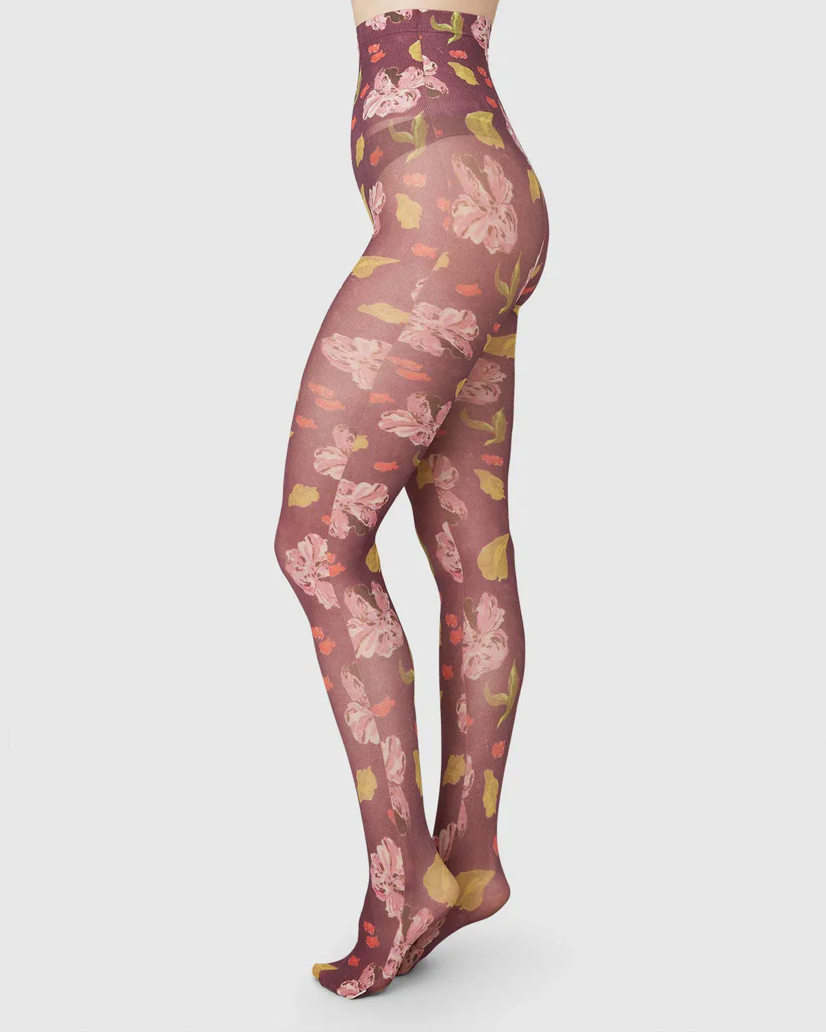SWEDISH STOCKINGS - HELEN BULLOCK FLORAL TIGHTS - RED BROWN